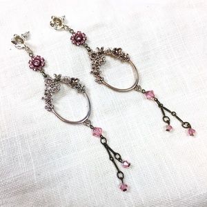 Boho Pink Silver Floral Garden Repurposed Earrings